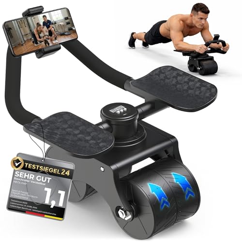 NEOLYMP - Patentierter Bauchroller für Zuhause mit Unterarm-Auflagepads Extra Breite für Stabilität 5 Einstellstufen für gerade & seitliche Rollouts & Handyhalterung (Bauchroller verstellbar)