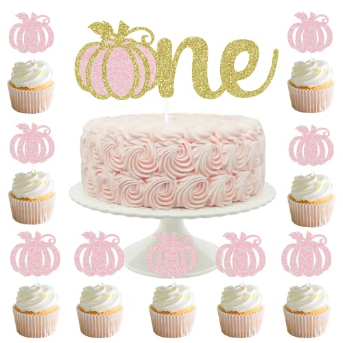 Gold Glittery Pumpkin One Cake Topper and 24Pcs Glittery Pumpkin Cupcake Toppers,Baby Shower Cupcake Toppers Girl,Pumpkin Birthday Decorations Girl,Pumpkin Cupcake Toppers,Fall Theme 1st Birthday Pumpkin Decorations