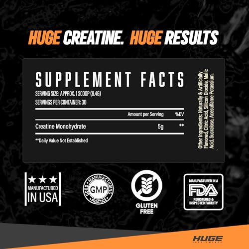 Huge Supplements Creatine Monohydrate Powder, 5000mg of Pure Creatine, Clinically Dosed to Boost Performance, Increase Muscle Strength and Size, 30 Servings (Orange) - Thumbnail 2