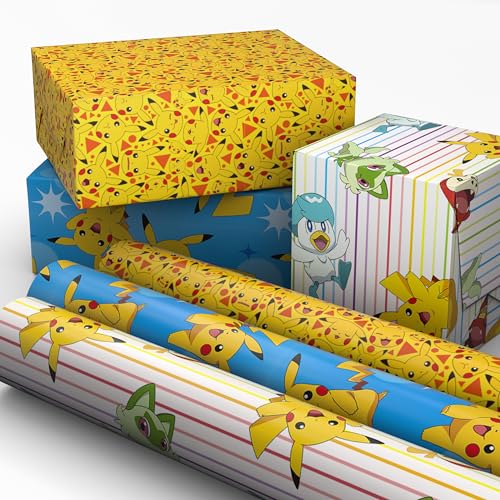 Hallmark Pokmon Wrapping Paper Mini Rolls 3-Pack (Pikachu Squirtle Charmander Jigglypuff Bulbasaur) for Birthdays Graduations Christmas Gamers Kids Any Occasion - 45 Sq. Ft. Total