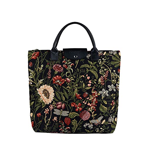 Signare Tapestry Foldable Tote Bag Reusable Shopping Bag Grocery Bag in Morning Garden Black Design (FDAW-MGDBK)