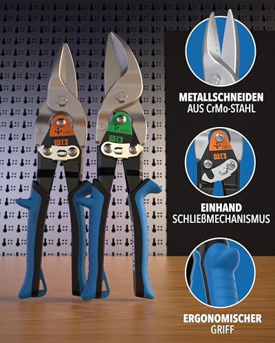 Blechschere Set gerader- & rechter Schnitt - [int. Millimeterskala] - Metallschere für Trockenbau, Trapezblech, Metall, Drahtschere für Drahtgitter, Blech Schneider, Metallschere, Blech Schneiden