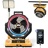 40000mAh Rechargeable Camping Fan for tents With Bluetooth Speaker, Multi-colored LED Light, 6 wind Speeds, 8h Timer, 120° Auto Oscillating Battery Operated Fan for Camping With Fast Charge Adapter