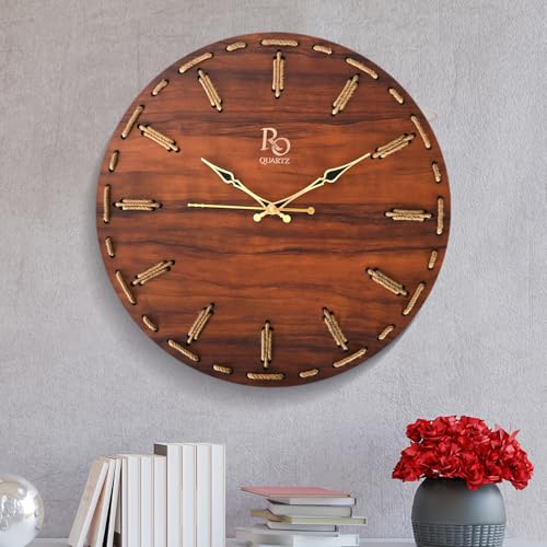 Image of Wooden Round Shape Wall Clock With Golden Hands and Golden Jute Rope Detailing | Elegant Silent Quartz Movement Anti Reflection Analog Vintage Clock for Home and Office (Brown, 15.5 Inch)