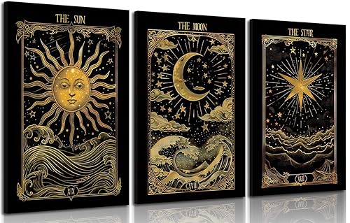 3Pcs Sun And Moon Celestial Canvas Wall Art Tarot Painting
