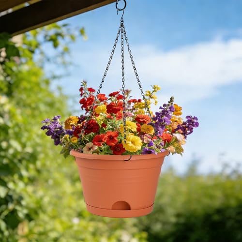 Nooulap 4 Pack Hanging Planters, 10 Inch Hanging Plant Pot with Hanger Chain & Drainage Trays, Hanging Baskets for Plants Outdoor Indoor, Plastic Flowers Pots for Home, Garden Decor (Red) — view 6