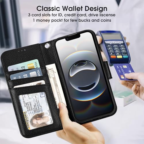 Étui iPhone 16e Arae en texture litchi noir avec protection RFID premium