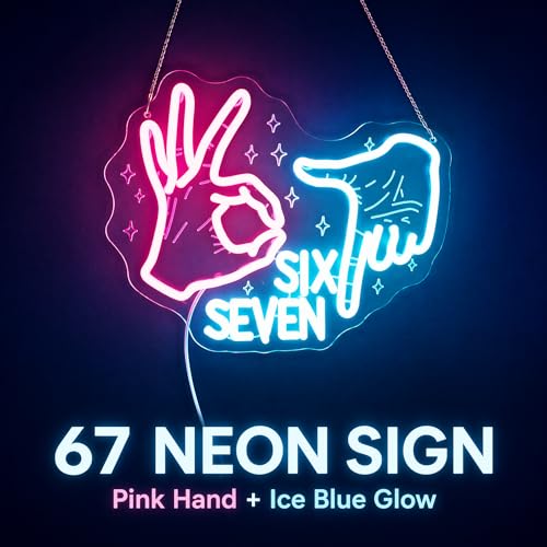 Image of 67 Neon Sign for Bedroom - Six Seven 6 7 Meme LED Wall Light | Pink Hand Gesture & Ice Blue Numbers, USB Dimmable, 13.8 inchx11.2 inch, TikTok Viral Room Decor, Gen Alpha Teens