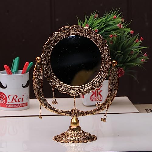 Image of KridayKraft Gold Plated Beautifully Carved Table Mirror for Makeup Metal Salon Mirror Antique Decorative Table Mirror for Decoration & Gifting Purpose, Round, Tabletop