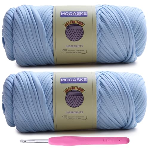 Image of Mooaske 2 Pack T-Shirt Crochet Yarn for DIY Knitting Crochet Cloth Blanket Bag Dolls - 400g Chunky Thick Yarn for Crocheting with Polyester-Spandex Blend Elastic Fabric (Sky Blue)