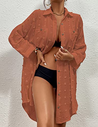 Image of Bsubsach Button Down Swimsuit for Women Sweatshirt Dress with Ruffled Sleeves Beach Shirt