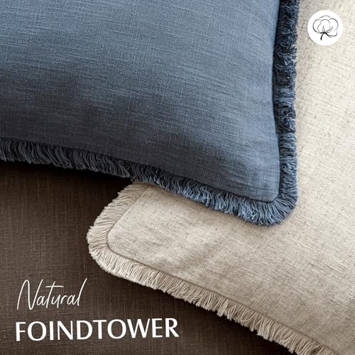 Image of Foindtower Set of 2 Decorative Linen Fringe Throw Pillow Covers Cozy Farmhouse Cushion Cover with Tassels Accent Pillowcase for Couch Chair Sofa Bed Living Room Home Decor,18x18 Inch,Dark Blue