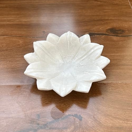 Image of Marble Urli Bowl for Decoration | Big Potpourri Decorative Bowls in Home decor | Large White Floating Flower Plates of Stone | Small Shape puja Item | (6 inch, Lotus Plate)