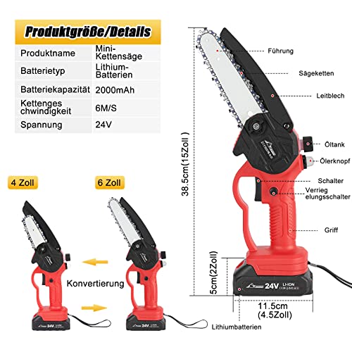 WADEO Mini Kettensäge mit Akku 24V, 6 Zoll und 4 Zoll Kettensäge mit 2 Akku und Automatischem Öler, 2-in-1 Kabelloser Handkettensäge für Gartenscheren Astschere Holzschneiden (2 Batterien, 4 Ketten) – Bild 6