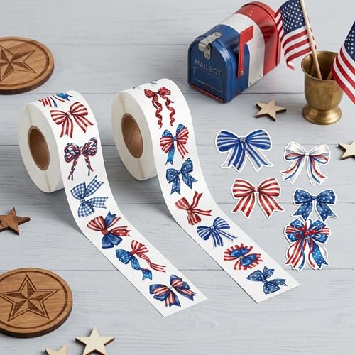 Image of Patriotic Bow Stickers Roll - 16 Unique Red White Blue Vinyl Self Adhesive Durable Waterproof Decals for Scrapbooking Laptop Water Bottle Independence Day 4th of July Party Craft Supplies