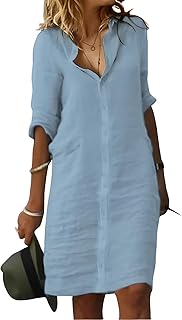 Women's Summer Midi Shirt Dresses Button Down 1/2 Sleeve Lapel Casual Cotton Linen Dress - Buy now
