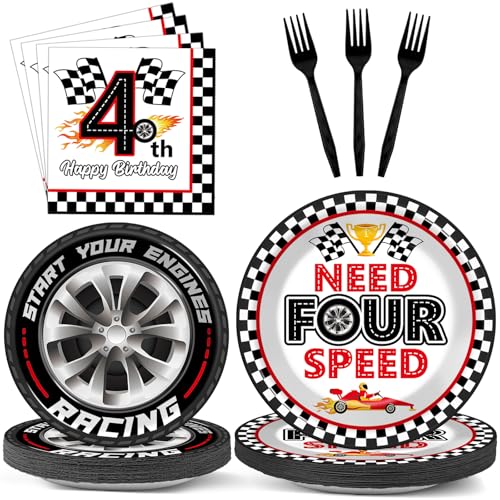 96Pcs Racing Car 4th Birthday Party Paper Plates and Napkins for Need Four Speeed Dessert Cake Plate Disposable Decor Racing Checkered Flag Tableware for Boy Kids Race Car 4 Years Birthday Decorations