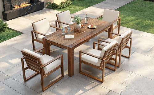 Image of Outdoor Patio Dining Table and Chairs Set for 6, 7 PCS Patio Furniture Set | Outdoor Dining Set for 6 with Umbrella Hole, Wood Frame with Removable Cushion for Garden, Backyard, Lawn and Poolside