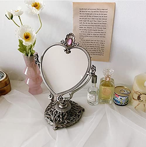 Sehamano Vintage Heart Shaped Vanity Mirror With Embossed Feather/Antique & Luxury Decorative Table Top Retro Mirror With Mounted Bead For Bedroom, Living Room And Room Decor (Tin (Matt Silver)) #TOP6