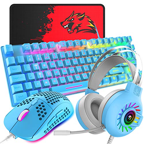 4-in-1 Gaming Keyboard Mouse Combo ,88 Keys Compact Rainbow Backlit Mechanical Feel Keyboard,Lightweight Gaming Mouse with Honeycomb Shell,3.5mm Gaming Stereo Headset for PC Laptop Computer