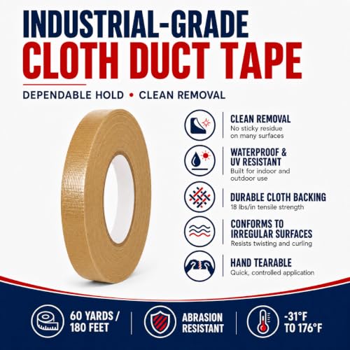 Image of GGR Supplies CDT-36 Industrial Grade Cloth Duct Tape, Tan Beige 3 /4 Inch x 60 Yards, Waterproof UV Resistant Heavy Duty, Clean Removal with No Sticky Residue for Repairs, Packaging, and Bundling