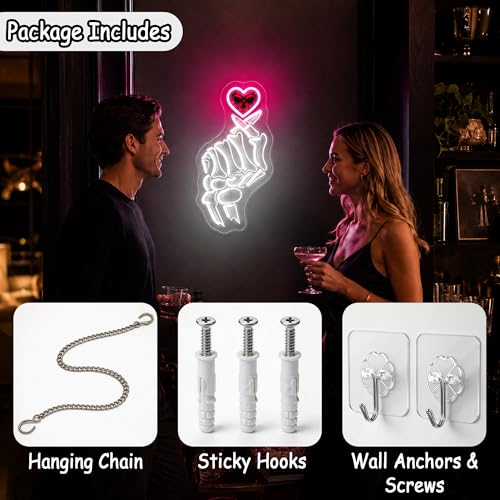Image of White&Pink Neon Sign Led Neon Lights Signs for Wall Decor USB Powered Led Signs for Room Decoration-Skeleton Finger Heart