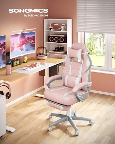 SONGMICS Sedia da Ufficio, Poltrona Racing Ergonomica, Poggiapiedi Telescopico, Schienale Inclinabile, Poggiatesta e Supporto Lombare, Portante di 150 kg, Rosa Gelatina e Bianco Crema OBG073P01 - Immagine 1