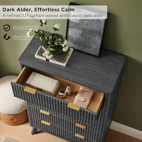 Image of T4TREAM Fluted 5 Drawers Dresser, 48 inch Tall Modern Chest of Drawers, Curved Profile Design, Wood Drawer Organizer for Bedroom, Living Room, Hallway, Entryway, Dark Alder