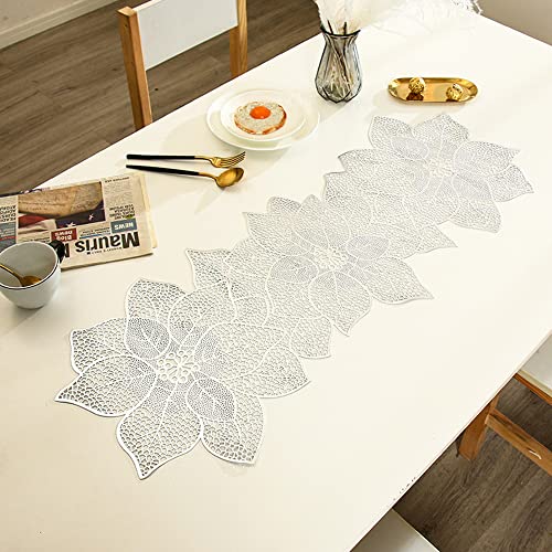 Chemin de table antidérapant argenté lotus en PVC ajouré pour repas de fête