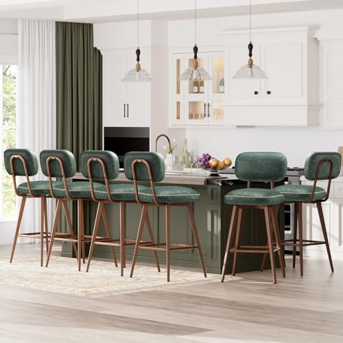 Image of MALOL 26 inch Swivel Bar Stools Set of 6, Mid Century PU Leather Counter Height Bar Chairs with Low Back and Metal Legs, Modern Bar Stool Chair for Kitchen Island, Green