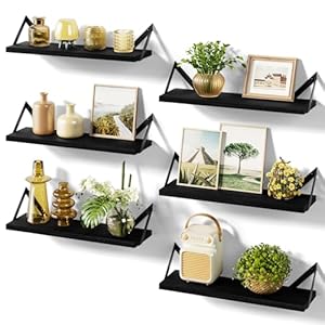 SRIWATANA Floating Shelves for Wall Decor, Wood Wall Shelves for Bathroom, Bedroom, Kitchen, Living Room, Set of 6 (Weathered Black)