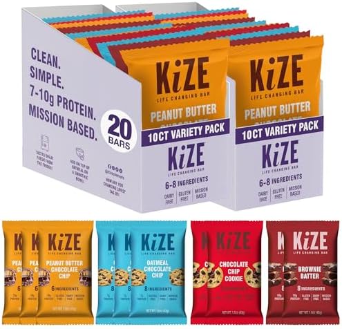 KiZE Energy Bars - Best Sellers Variety Pack - 20-Count -Gluten Free, Dairy Free Options, Non-GMO, and High Protein Meal Replacement Energy Bars, Clean and Simple Food Ingredients - 7-10g High Protein Snacks (20 Count)