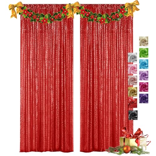 VOK Red Sequin Backdrop Curtains 2 Panels 2FTx8FT Glitter Photography Background for Wedding Birthday Christmas Party Decorations