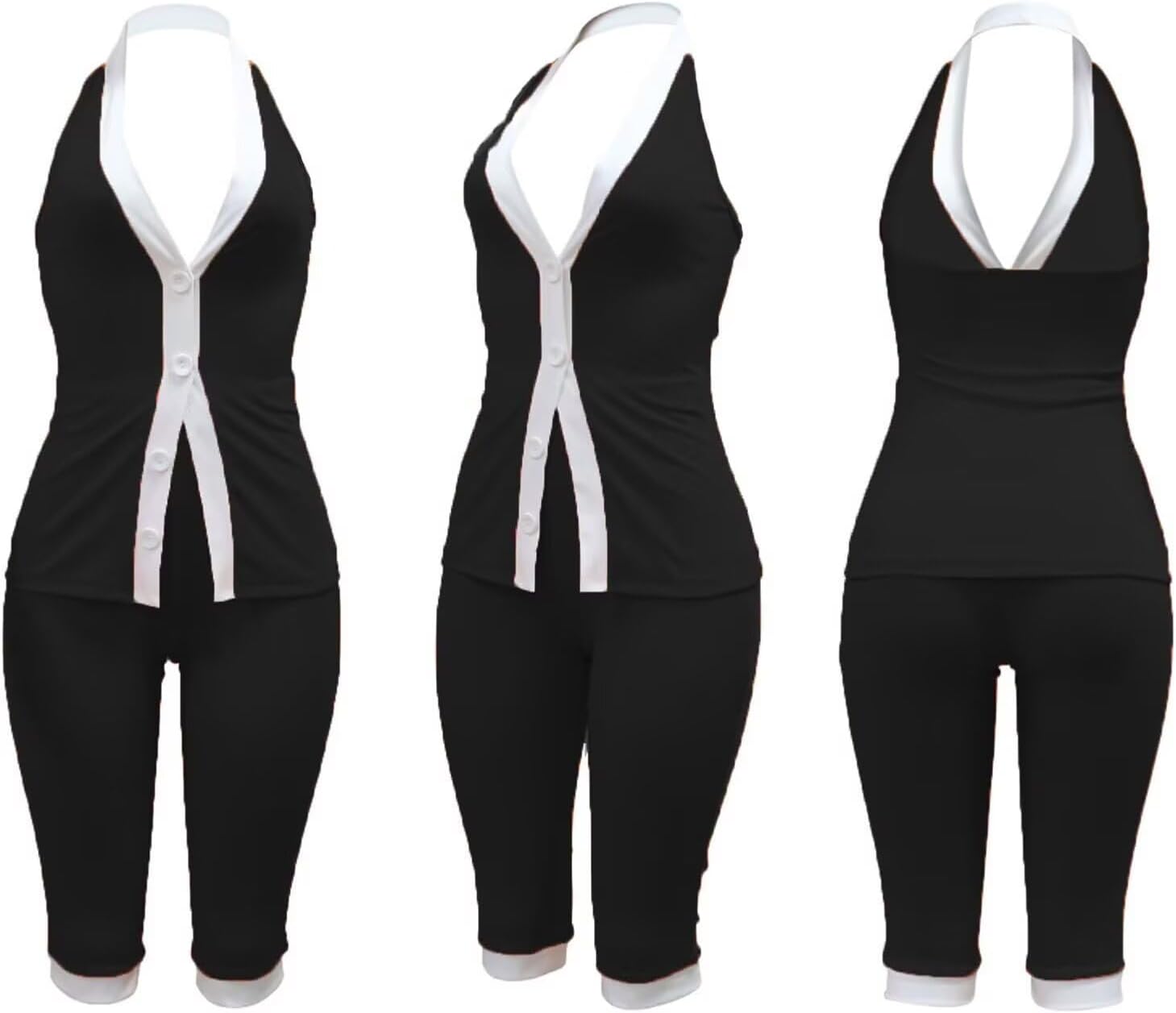 Womens 2 Piece Shorts Set Summer Ribbed Y2K Halter V-Neck Button Vest Sets for Party Outings Tracksuits Romper Set - Image 7