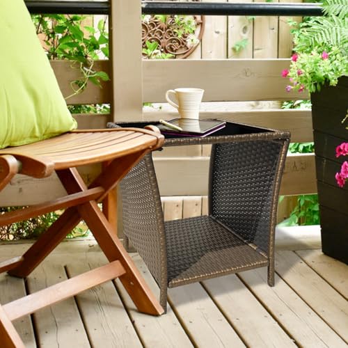 JSUN7-Outdoor-Wicker-Side-Table-Rattan-Outdoor-Side-Tables-for-Patio-Square-Wicker-Patio-Table-Outdoor-End-Tables-with-Storage-and-Glass-Top-for-Outside-Courtyard-Balcony-Gold JSUN7 Outdoor Wicker Side Table Rattan Outdoor Side Tables for Patio Square Wicker Patio Table Outdoor End Tables with Storage and Glass Top for Outside Courtyard Balcony Gold