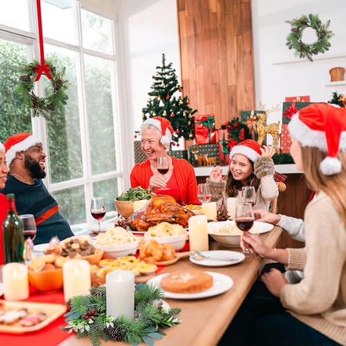 Image of 6 PCS Christmas Candle Rings Wreaths Small Christmas Norfolk Pine Wreaths with Berries Pinecone Mini Snowy Pine Wreath Cedar Candle Ring Holder for Table Centerpiece Cabinets Fireplace Windows Door