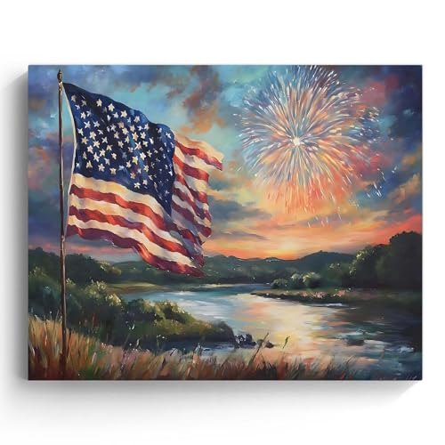 Image of 4th of July Canvas Wall Art, Sunset Lake and American Flag with Fireworks Print, Patriotic Memorial Day Independence Celebration Framed Artwork for Living Room and Porch Decor 24x30inch