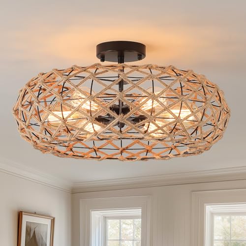 6-Light Large Coastal Boho Woven Flush Mount Ceiling Light Fixture 20 inch Handmade Hemp Rope Round Cage Semi Flush Mount Ceiling Light for Hallway Entry Farmhouse Bedroom Living Room Beach, Black