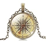 Jiayiqi Unisex Retro Style Shipping Compass Glass Time Gem Pendant Long Bronze Chain Collar Necklace