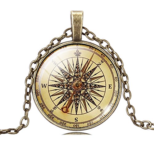 JIAYIQI Unisex Retro Style Shipping Compass Glass Time Gem Pendant Long Bronze Chain Collar Necklace
