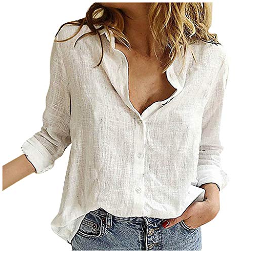 Leinen Hemd Damen Oberteile Revers Kragen Langarmshirt Casual Bluse Langarm...