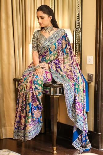 Image of Vragi Women's Multicolor Designer Soft Printed Saree with Mirror Work & Printed Blouse Piece 2