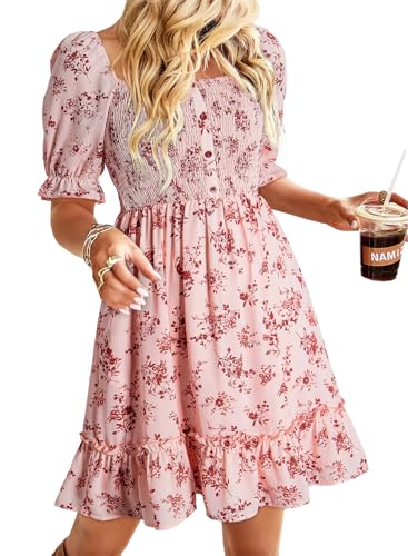 Image of Dokotoo Womens Casual Summer Dresses Short Sleeve Square Neck Smocked Boho Floral Sundress Flowy A-Line Mini Dress