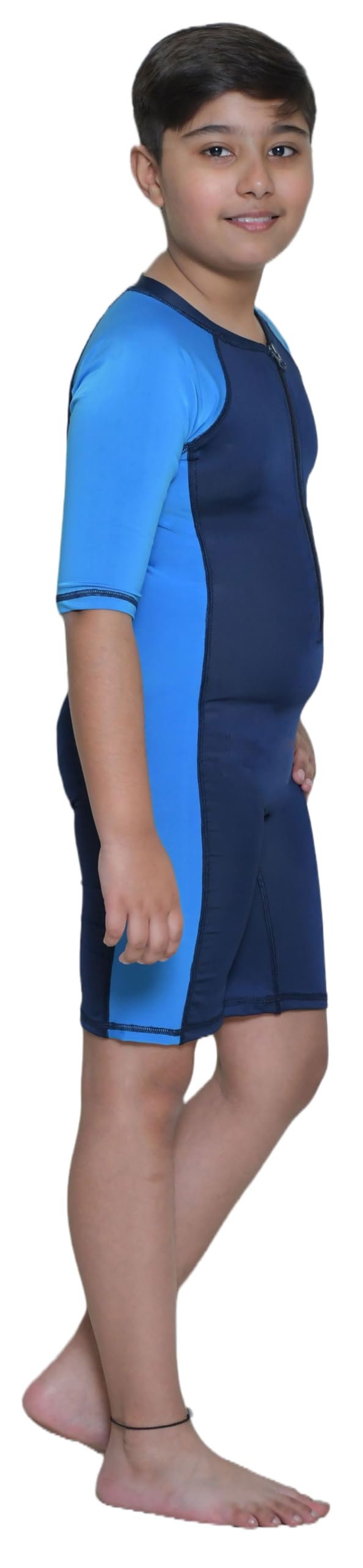 Tempest Swimming Kit for Boys with One piece Half Sleeve Swimming Costume for Boys | Swim Suit | Swimwear | Swimming Dress Goggles Cap Ear Plug Nose Clip with KIT Bag (Blue, 11-12 Years)