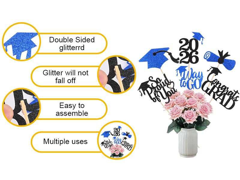 Image of Graduation Decorations 2026, 24 PCS Black and Blue Graduation Centerpieces for Tables, Class of 2026 Double-Sided Glitter Table Decorations