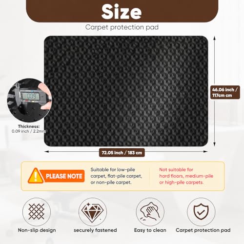 Image of 46 inch x 72 inch Office Chair Mat for Low-Pile Carpet, 2.2 mm Thick Clear Desk Chair Mat with Non-Slip Grips, Large Floor Protector for Low, Flat Carpeted Floors (Black)
