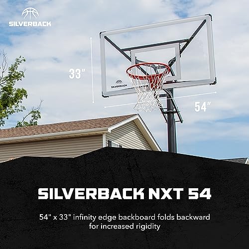 Image of Silverback Height Adjustable In-Ground Basketball Hoop with Tempered Glass Backboard, Pro-Style Breakaway Rim, Pole and Backboard Pad