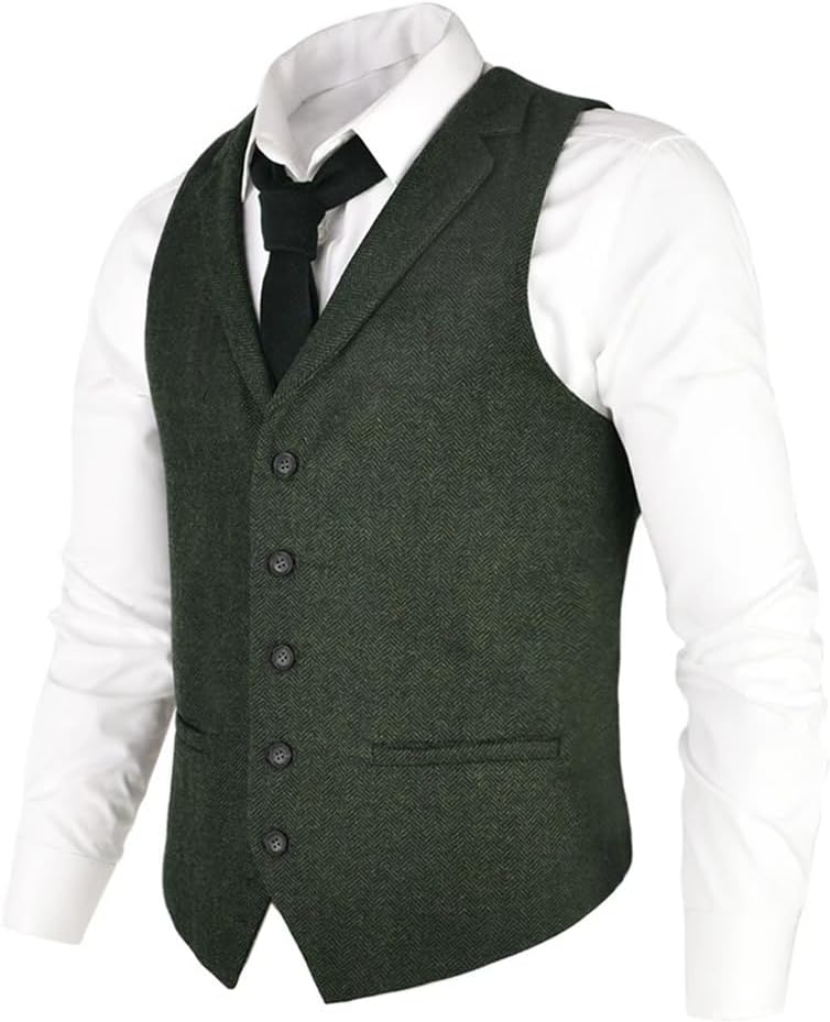 Men's Four-Season Casual Tweed Wool Blend Suit Vest Single-Breasted Slim-Fit Formal Vest