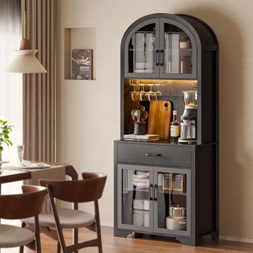 Arched Kitchen Pantry Storage Cabinet, Black Wooden Coffee Bar Cabinet