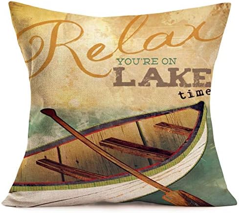 Tlovudori Vintage Outdoor Throw Pillow Covers Case Decorative Retro Wood Boat with Quote Lake Time Theme Decor Square Pillowcase Cushion Cover 18"x18"Couch Sofa Decoration Gift (Lake time)